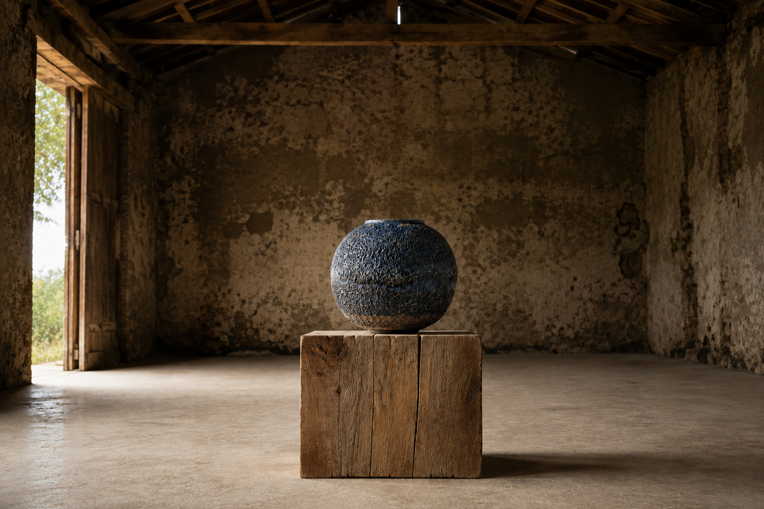 Dark blue ceramic vessel displayed on a timber plinth in a historic interior