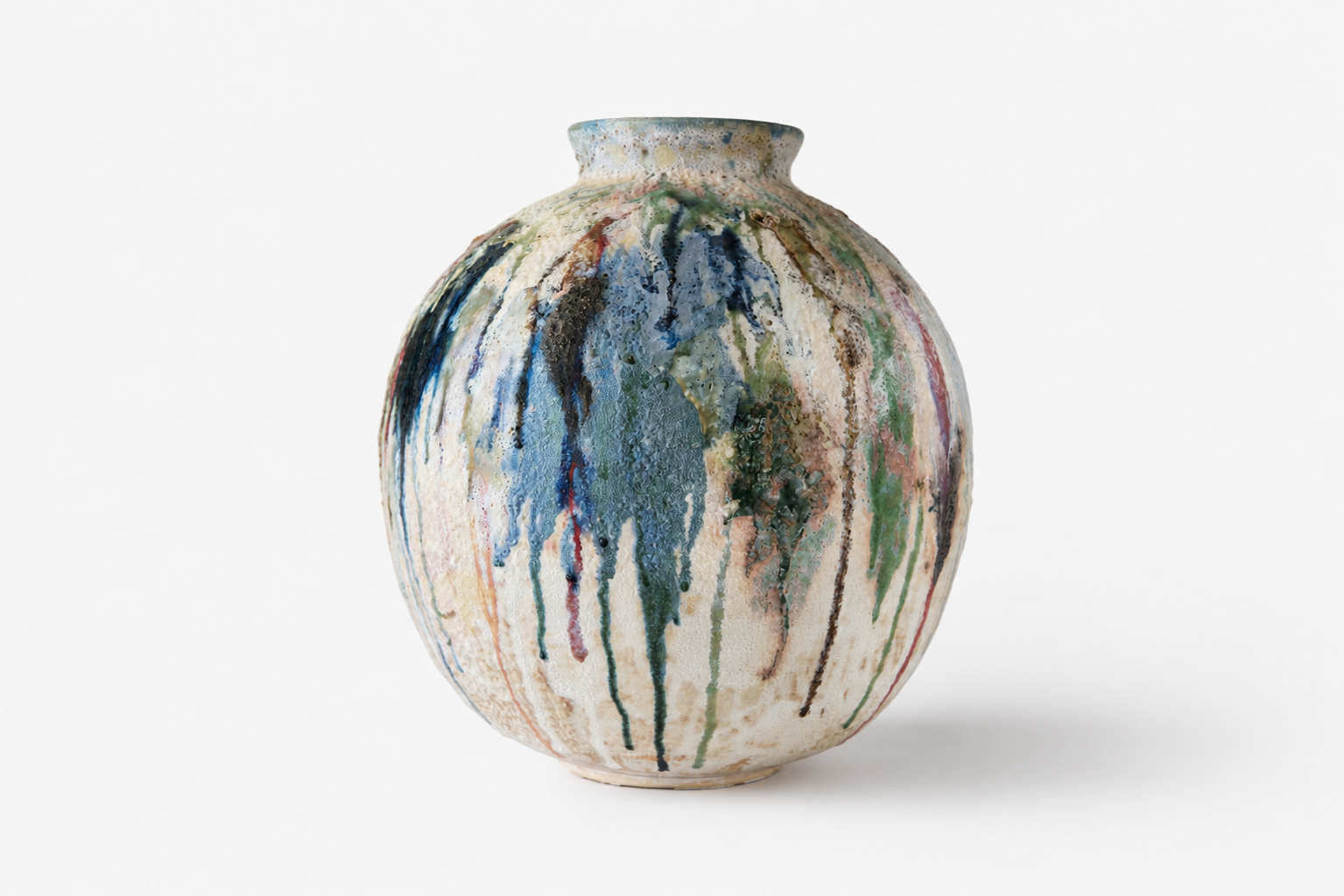 Large pale Moon Jar with flowing blue, green and red glaze marks