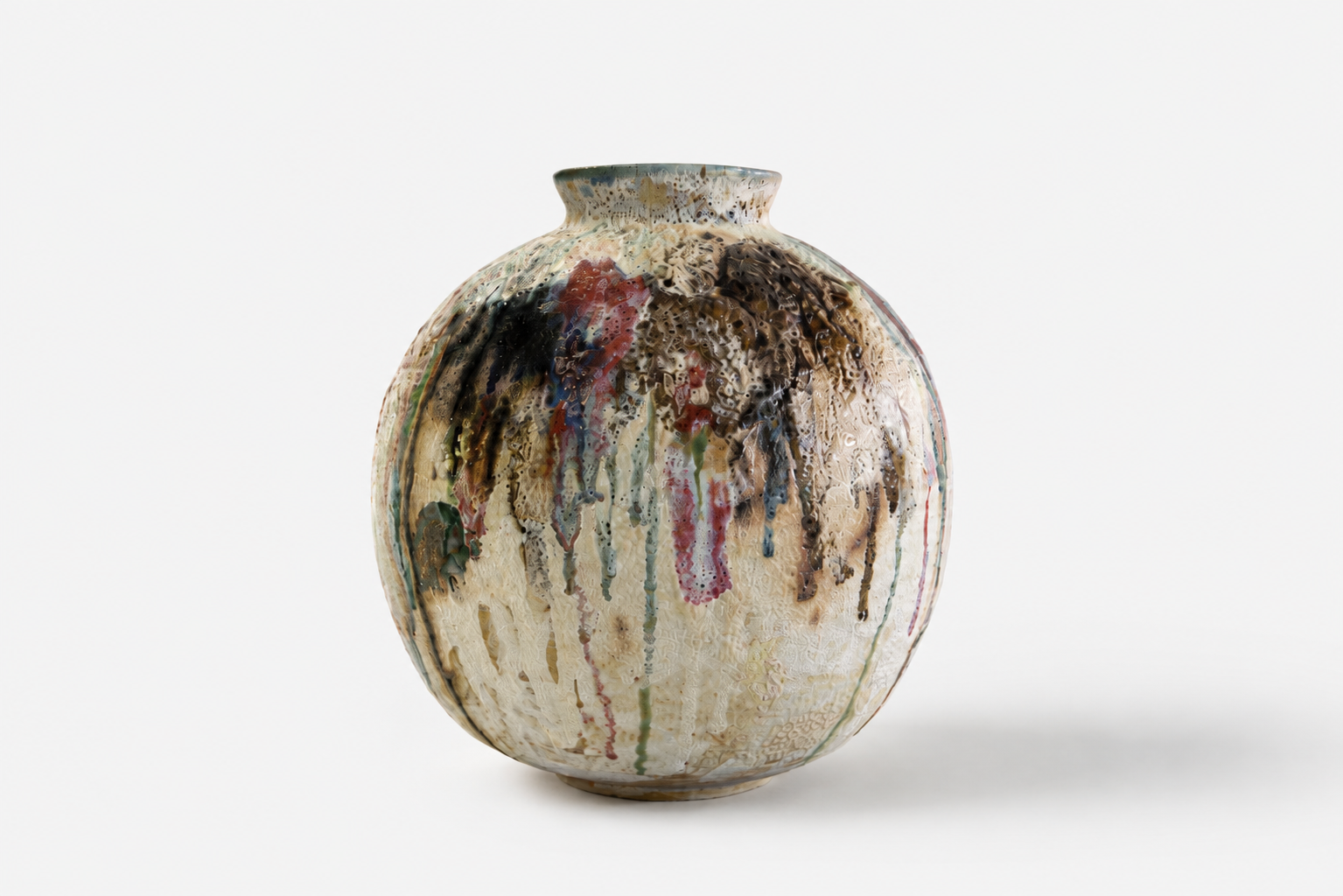 Large pale Moon Jar with layered multicoloured glaze marks