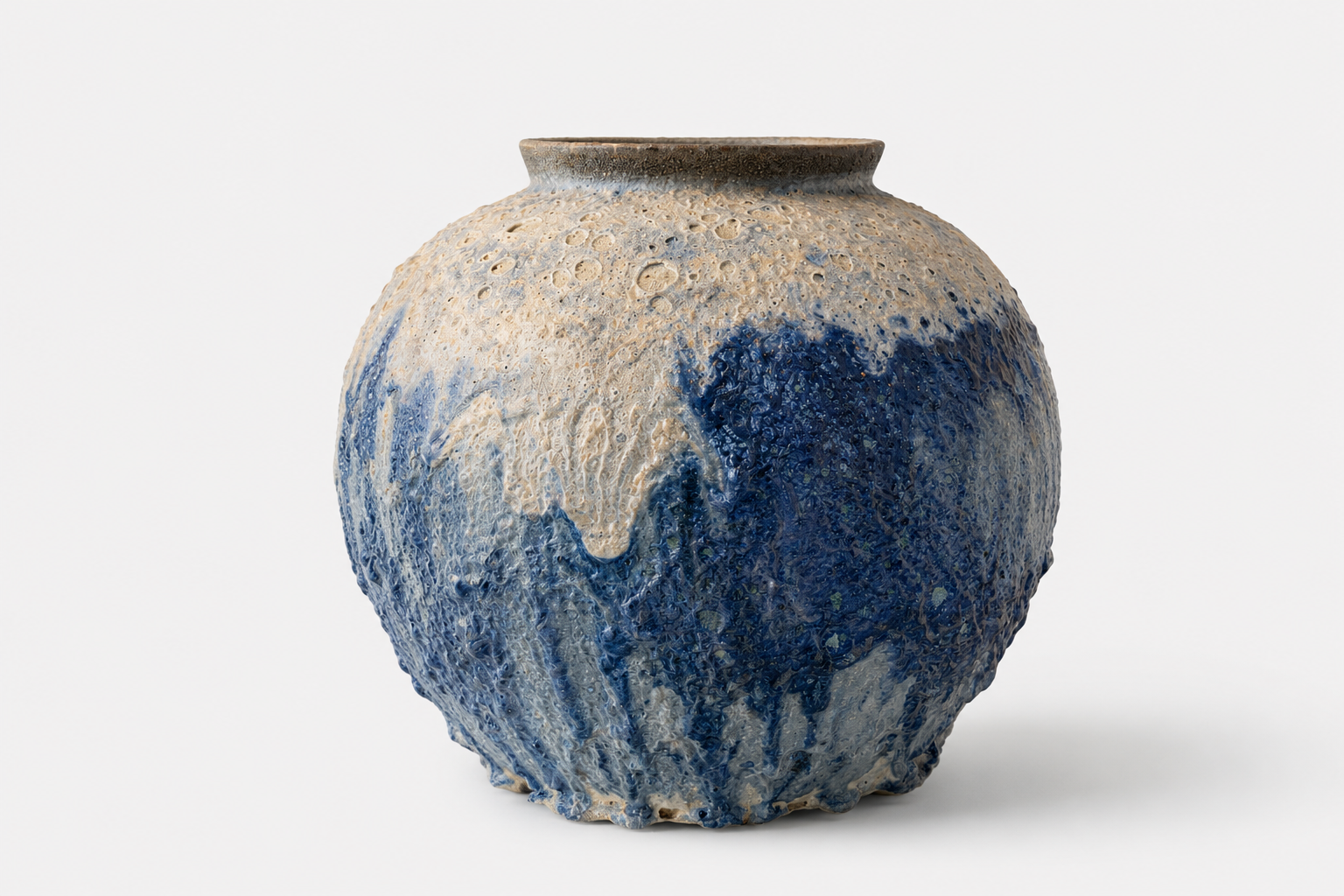 Rounded Moon Jar with a deeply textured blue and cream surface