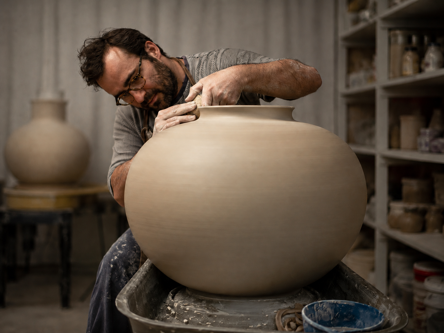 José refining the rim of a large ceramic vessel on the pottery wheel