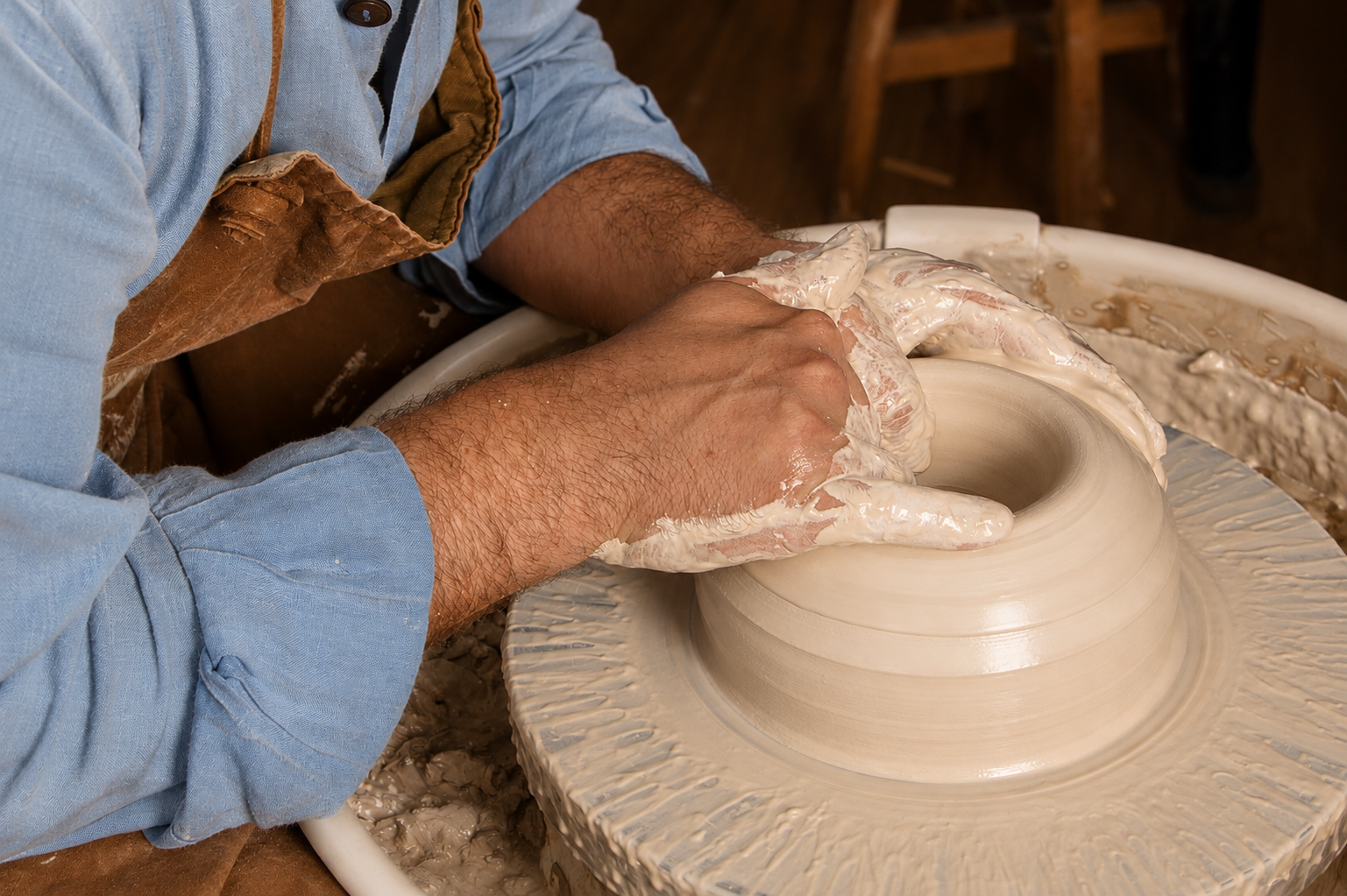 José opening and shaping a ceramic form on the wheel