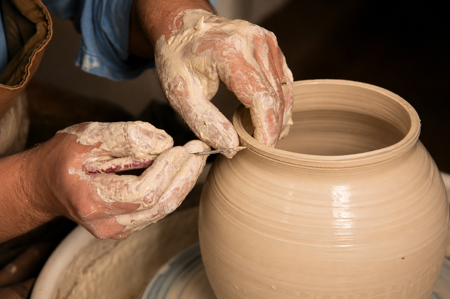 José trimming the rim of a ceramic vessel with a fine tool