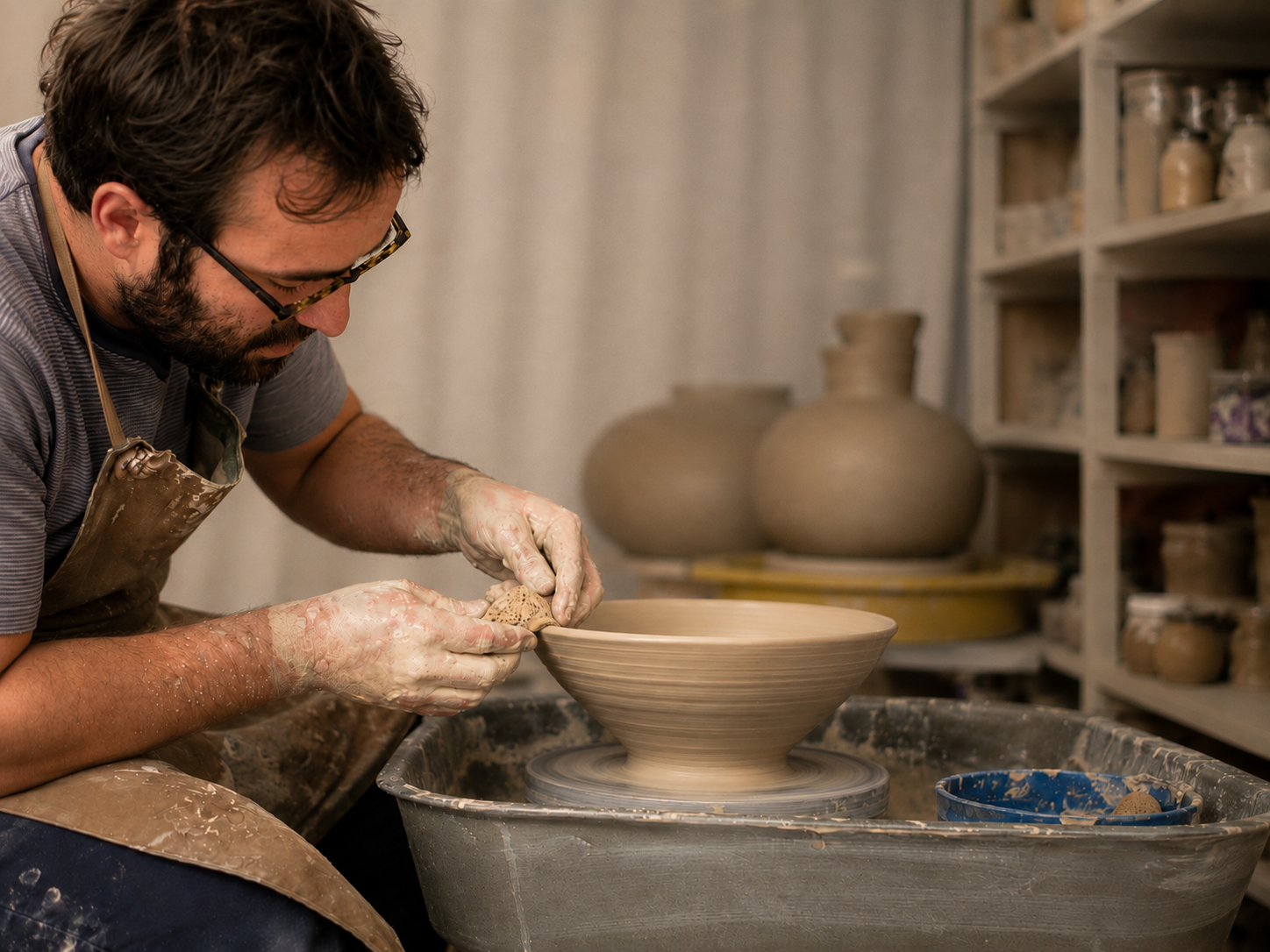 José shaping a wide bowl at the pottery wheel