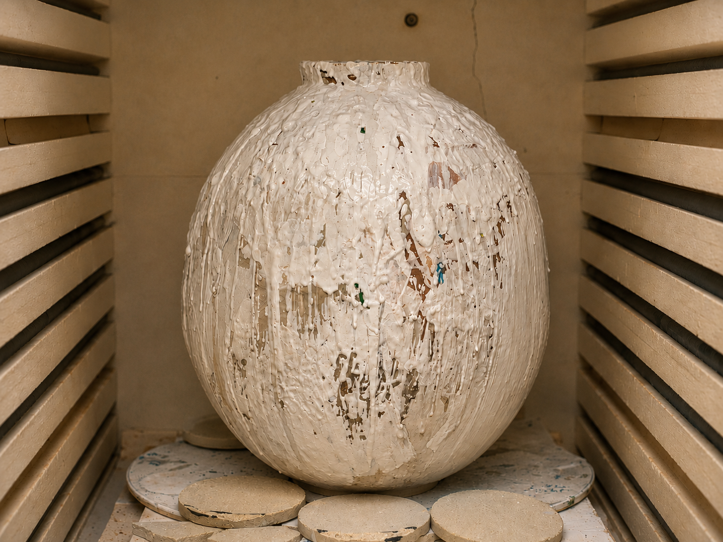 A textured ceramic vessel positioned inside the kiln