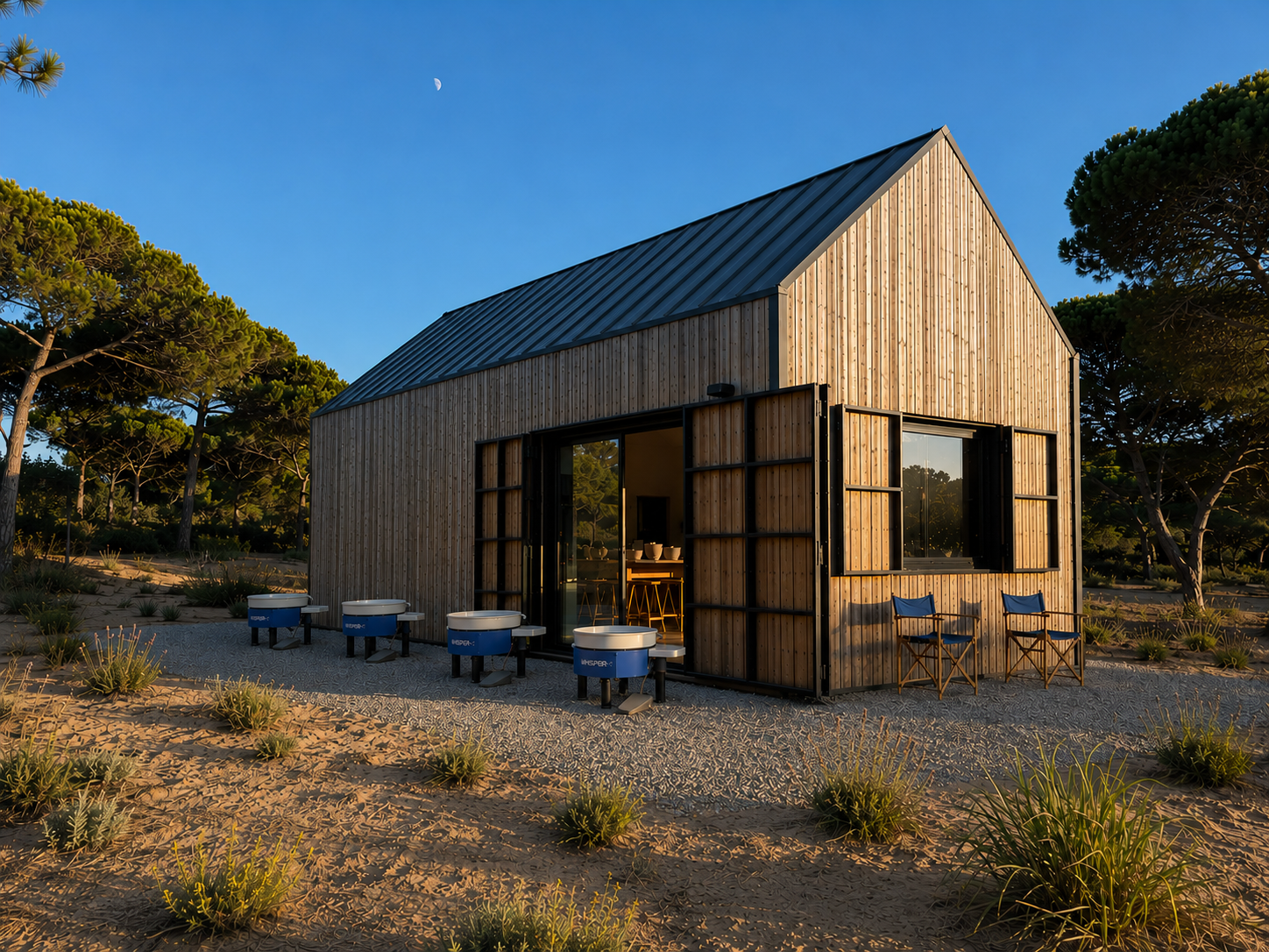 Timber studio with open glazed doors and pottery wheels facing the landscape